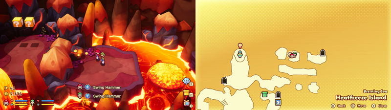Mario and Luigi near a Sprite Bulb Nest on Heatfreeze Island of Mario & Luigi: Brothership.