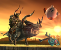 Super Smash Bros. Brawl screenshot of King Bulblin and Lord Bullbo attacking Zero Suit Samus and Kirby