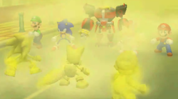 Omega, Mario, Luigi, Sonic, and Tails confront imposters