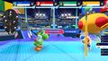 Yoshi and Toad teeing off in Battle Golf alongside Pauline and Peach