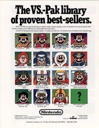 VS. System flyer, depicting Mario in the various games' roles. Notably, VS. Ladies Golf appears to depict a female version of Mario and VS. Ice Climber has him dressed like one of the Ice Climbers.