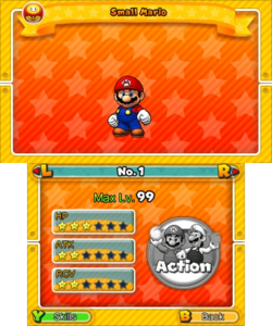 Screens of Small Mario's basic stats in the Guide, from Puzzle & Dragons: Super Mario Bros. Edition.