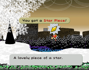 Mario getting the Star Piece in the corner near the pipe in the last scene of Boggly Woods in Paper Mario: The Thousand-Year Door.
