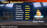 Pom Pom's stats in the soccer portion of Mario Sports Superstars