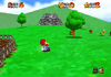 Animated screenshot of Mario warping in Bob-omb Battlefield from Super Mario 64.
