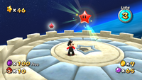 Flying Mario looking up at the red Power Star in Super Mario Galaxy.
