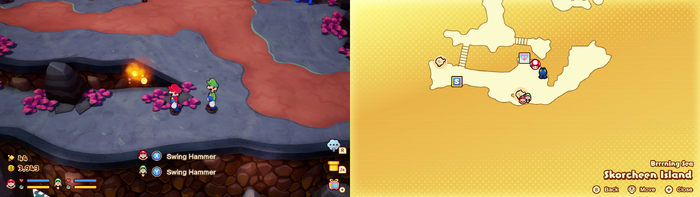 Mario and Luigi near a Sprite Bulb Nest on Skorcheen Island of Mario & Luigi: Brothership.