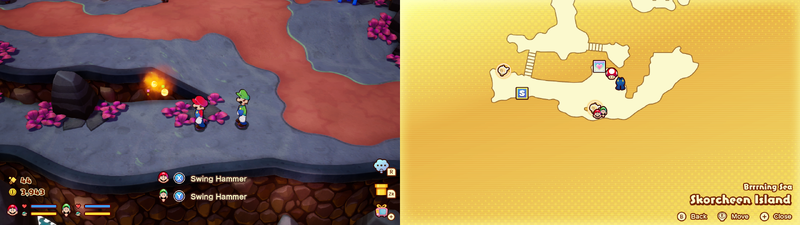 Mario and Luigi near a Sprite Bulb Nest on Skorcheen Island of Mario & Luigi: Brothership.