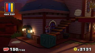 Mario in front of the revealed stairs in Tangerino Grill of Paper Mario: Color Splash.