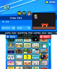Screenshot of the Index from WarioWare Gold, with the "All" category and Crazy Cars microgame selected