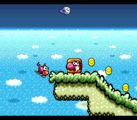 Pink Yoshi in its helicopter form flying toward a Yoshi Block depicting its face in Super Mario World 2: Yoshi's Island
