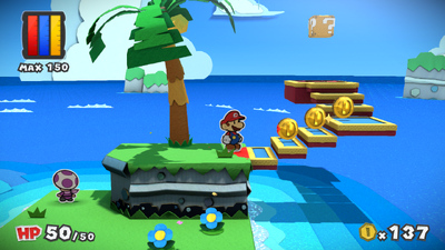 Mario in front of the revealed stairs in Bloo Bay Beach of Paper Mario: Color Splash.