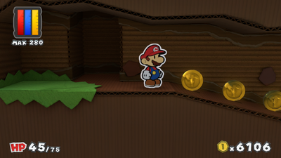 Mario near 5 Coins in Château Chanterelle of Paper Mario: Color Splash.