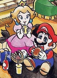 Princess Toadstool and Mario having a meal in their apartment