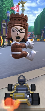 The Castle Mii Racing Suit performing a trick.