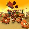 Mario using the Super Horn to knock over a Goomba Tower in Mario Kart Tour