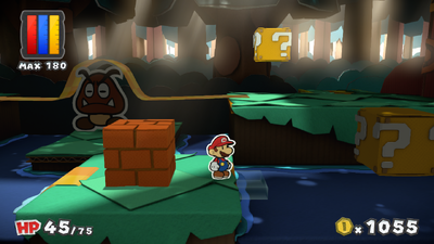 Mario in front of the unrevealed stairs in Mondo Woods of Paper Mario: Color Splash.