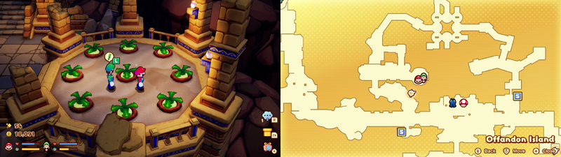 Mario and Luigi near 8 Plug Radishes containing 43 Coins and a Grampy Turnip on Offandon Island from Mario & Luigi: Brothership.