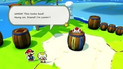 Mario rescues the Yellow Toad on Spade Island in Paper Mario: The Origami King