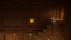 Mario next to the Shine Sprite over the stairs in Riverside Station in the remake of the Paper Mario: The Thousand-Year Door for the Nintendo Switch.