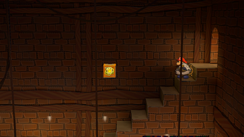 Mario next to the Shine Sprite over the stairs in Riverside Station in the remake of the Paper Mario: The Thousand-Year Door for the Nintendo Switch.