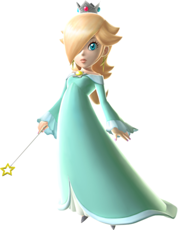 Super Mario Galaxy promotional artwork: Rosalina with her wand held.