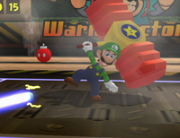 Luigi performing the Squeaky Mallet in Mario Power Tennis