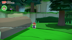 Mario standing near a log with 9 Coins inside in Whispering Woods of The Origami King.