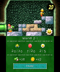 Smiley Flower 3: Just after the location of the previous Smiley Flower, Yoshi has to bounce on two Koopa Paratroopas to reach a ledge to the far right. Going inside a pipe, he enters a room where he must first destroy two soft blocks, then trigger a purple block to fall on the ground so it forms a short elevation to an opening to the third Smiley Flower. A nearby Koopa Troopa provides a shell which can then be slid onto the block through the opening, collecting the flower.