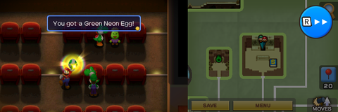 Mario getting the Green Neon Egg from a green Yoshi in Yoshi Theater part of Beanbean Fields of Mario & Luigi: Superstar Saga + Bowser's Minions.