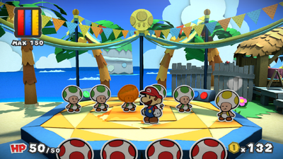 Mario after painting the Toad with messed up head during Oceanfest in Bloo Bay Beach of Paper Mario: Color Splash.