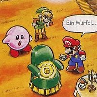 Kirby, Link and Mario stumbling across a golden dice