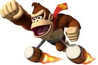 Artwork of Donkey Kong wearing his jet bongos with the DK logo, from Donkey Kong Barrel Blast