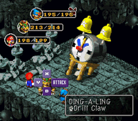 Bowser using Drill Claw on Ding-A-Ling in Super Mario RPG: Legend of the Seven Stars