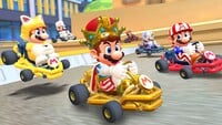 Cat Mario, Mario (Tuxedo), Mario (King), Mario (Aviator), Mario (Satellaview), and Mario (Golf) driving on Sydney Sprint 3T