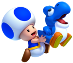 Artwork of Blue Toad with a Bubble Baby Yoshi in New Super Mario Bros. U