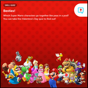 Group artwork of Super Mario characters used as a thumbnail for the Besties! skill quiz on the Play Nintendo website