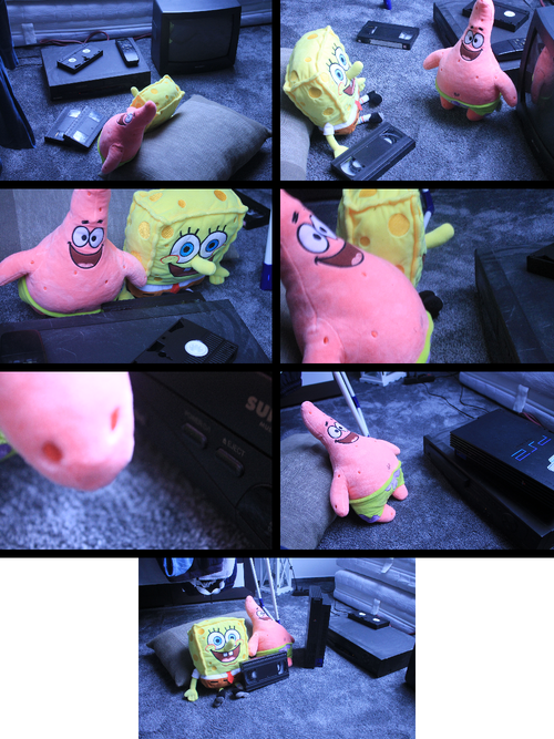 Seven photographs are shown in comic format, arranged left to right, top to bottom. In the first, Spongebob And Patrick are near a CRT TV with a VHS VRC (and there are also some VHS tapes on the VCR). The second shows Spongebob holding a VHS Tape, ready to insert it into the VCR. The third shows Spongebob and Patrick inserting the VHS Tape into VCR (and maybe they should inserting a Betamax tape into the VHS VCR for the sake of seeing if it works). The fourth shows Spongebob and Patrick have inserted the tape and are now starting to watch the tape. In the fifth, they are finished watching the tape and Patrick is pressing the VCR's eject button. In the sixth, Patrick has ejected the VHS Tape from the VCR. In the seventh and final image, Spongebob And Patrick are holding the VHS tape while standing near a PS2 and the VHS VCR.
