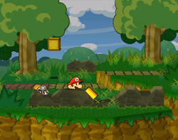 Mario near the Inn Coupon in the eastern part of Petal Meadows of Paper Mario: The Thousand-Year Door.