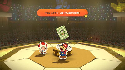 Mario winning a 1-Up Mushroom Battle Card in Roshambo Temple of Paper Mario: Color Splash.