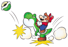 Artwork of Mario and Yoshi creating sand clouds, from Super Mario World.