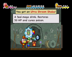 Luigi holding the 250 Shop Point reward in Super Paper Mario.
