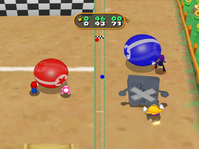 Wario trapped by a Whomp in Sphere Factor from Mario Party 7