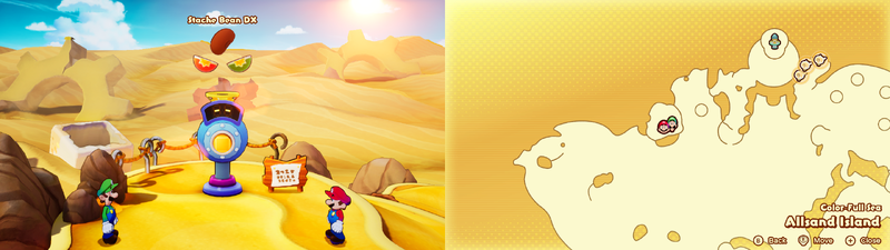Mario and Luigi getting a Stache Bean DX from the Concordia Hammer-Rally machine on Allsand Island from Mario & Luigi: Brothership.