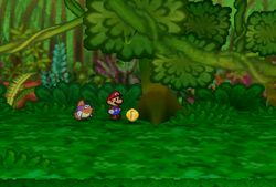 Mario finding a Coin from a tree in Jade Jungle of Paper Mario.