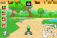 Luigi racing at Donut Plains 3 in Mario Kart: Super Circuit.