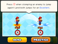 Screenshot of the instructions on how to jump in battle from Mario & Luigi: Paper Jam