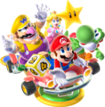 Mario, Peach, Wario, and Yoshi in the Toad Mobile