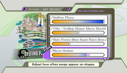 The "My Music" option for Super Smash Bros. Brawl. Here, the player modifies the likelihood of a song playing on the Delfino Plaza stage.
