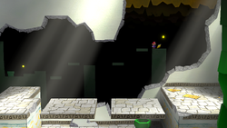 Mario next to the Star Piece in the background of the west entrance of Rogueport Underground in the remake of the Paper Mario: The Thousand-Year Door for the Nintendo Switch.